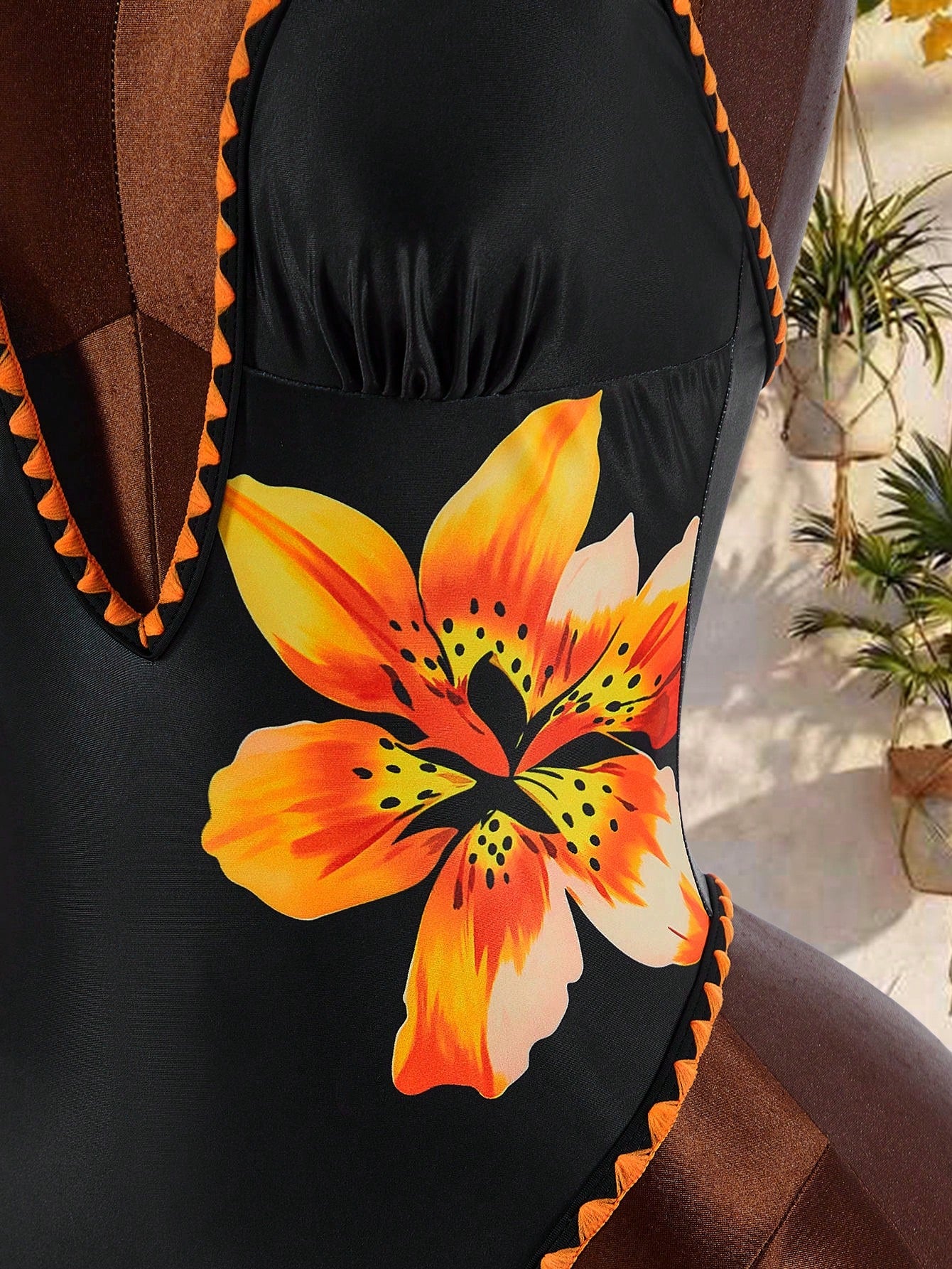 Amplova Women's One-Piece Swimsuit Black Summer Boho Tropical Beach Vacation Holiday Deep V-Neck Open Back Color Block Bodysuit High-End Outfit