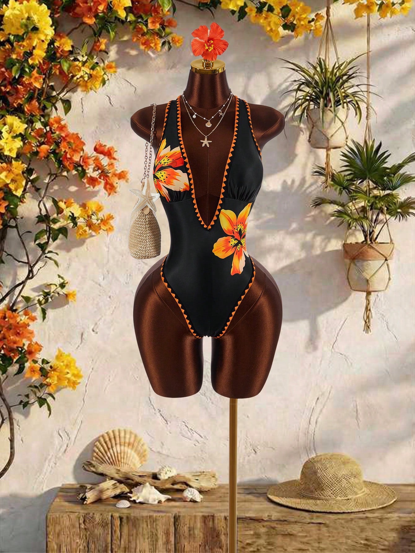 Amplova Women's One-Piece Swimsuit Black Summer Boho Tropical Beach Vacation Holiday Deep V-Neck Open Back Color Block Bodysuit High-End Outfit