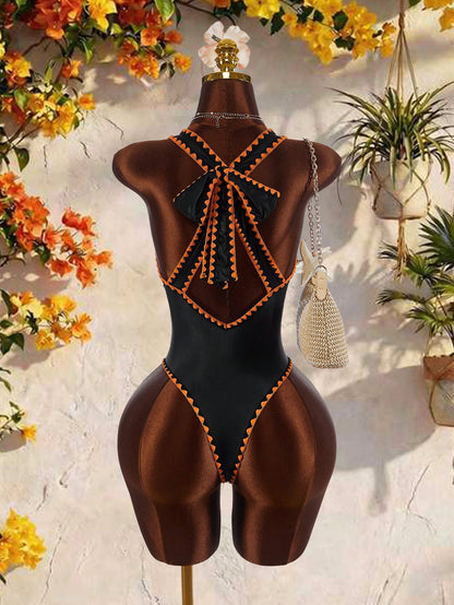 Amplova Women's One-Piece Swimsuit Black Summer Boho Tropical Beach Vacation Holiday Deep V-Neck Open Back Color Block Bodysuit High-End Outfit