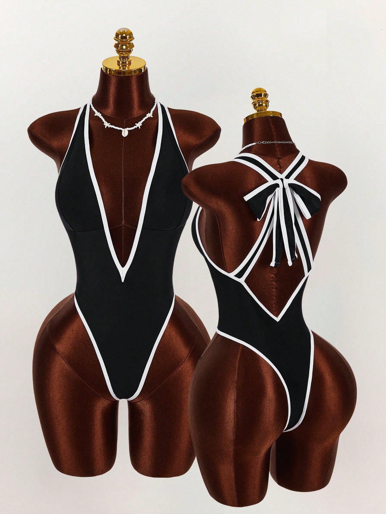 Amplova Women's One-Piece Swimsuit Black Summer Boho Tropical Beach Vacation Holiday Deep V-Neck Open Back Color Block Bodysuit High-End Outfit