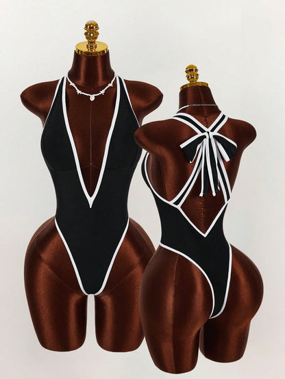 Amplova Women's One-Piece Swimsuit Black Summer Boho Tropical Beach Vacation Holiday Deep V-Neck Open Back Color Block Bodysuit High-End Outfit