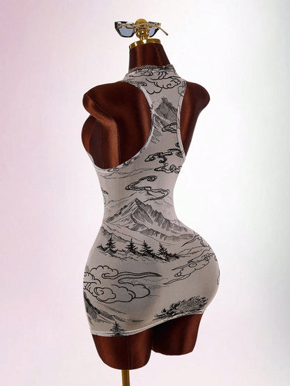 Amplova Women's Printed Sheer Fitted Bodycon Mini Dress