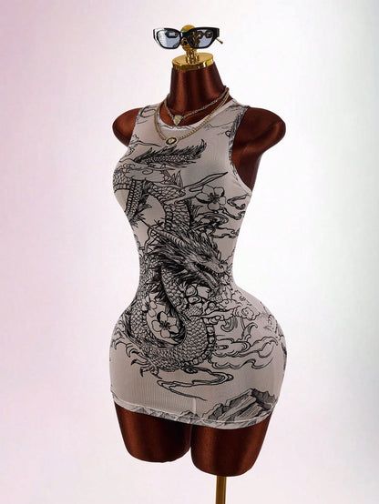 Amplova Women's Printed Sheer Fitted Bodycon Mini Dress