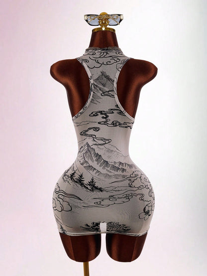 Amplova Women's Printed Sheer Fitted Bodycon Mini Dress