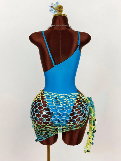 Amplova Women's Starfish Bra Splice One-Piece Swimsuit, Sexy & Avant-Garde, Suitable For Beach Vacation, Blue Solid Color Monokini Spring Clothes Women