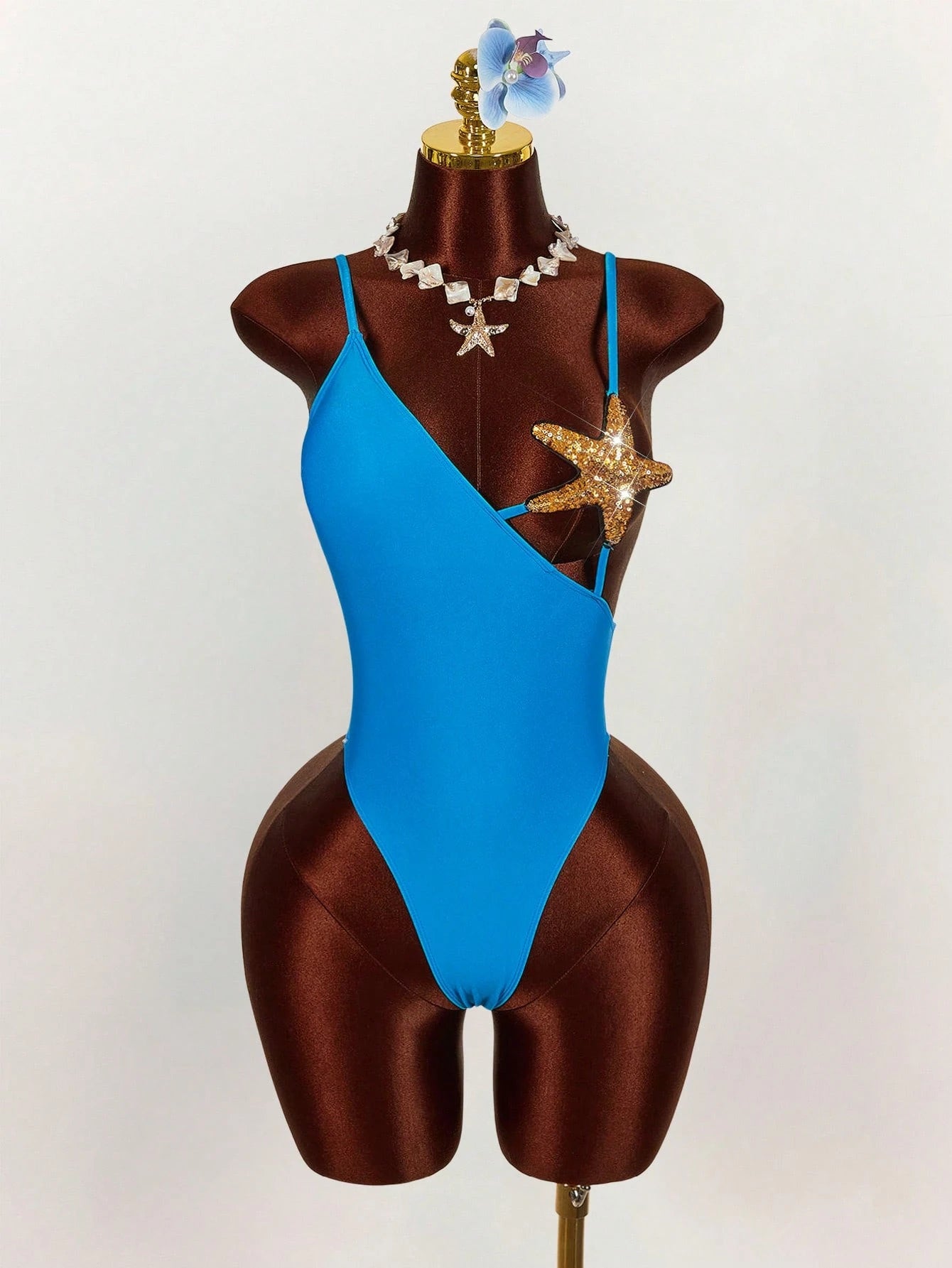 Amplova Women's Starfish Bra Splice One-Piece Swimsuit, Sexy & Avant-Garde, Suitable For Beach Vacation, Blue Solid Color Monokini Spring Clothes Women