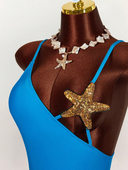 Amplova Women's Starfish Bra Splice One-Piece Swimsuit, Sexy & Avant-Garde, Suitable For Beach Vacation, Blue Solid Color Monokini Spring Clothes Women