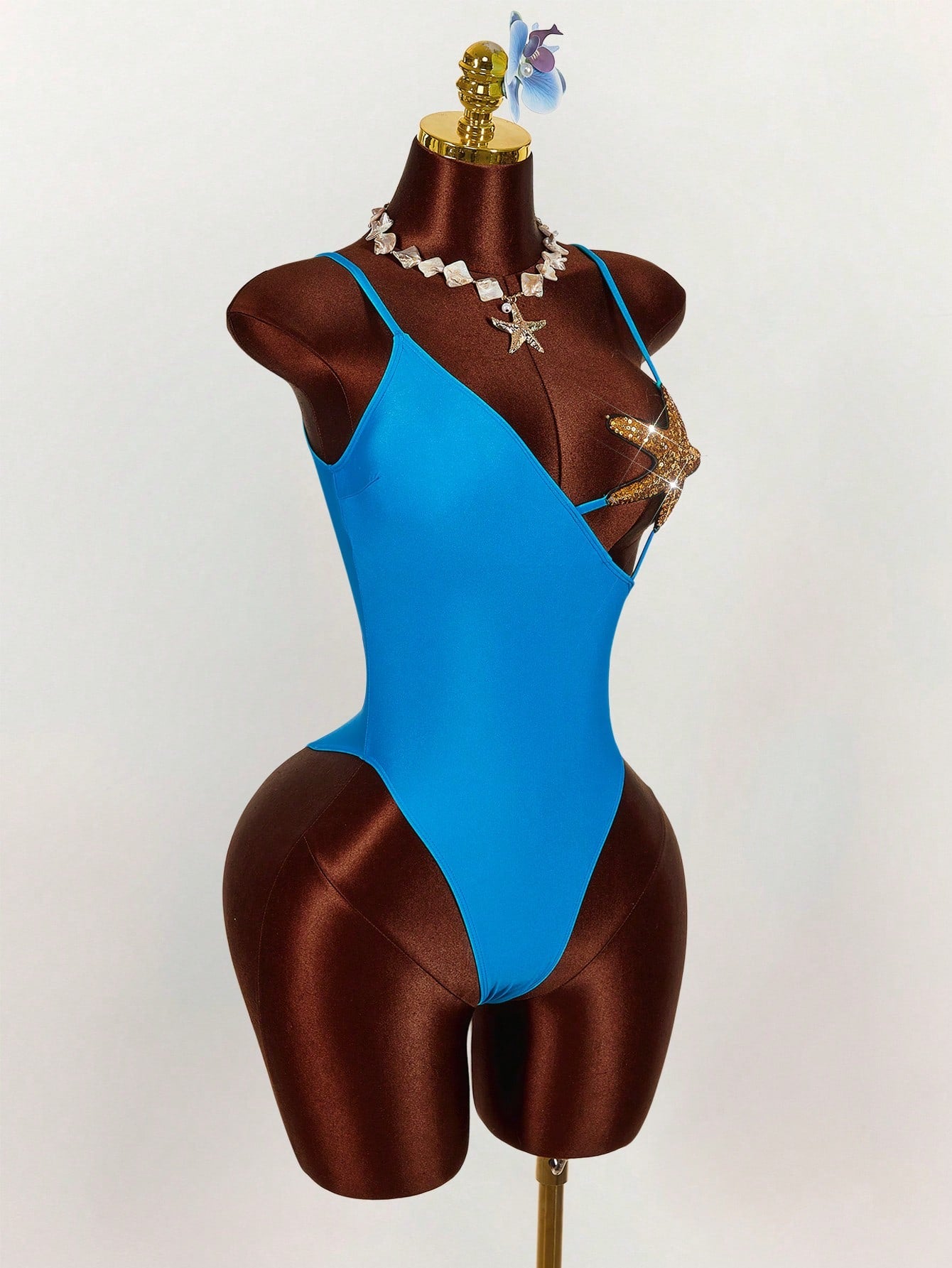 Amplova Women's Starfish Bra Splice One-Piece Swimsuit, Sexy & Avant-Garde, Suitable For Beach Vacation, Blue Solid Color Monokini Spring Clothes Women
