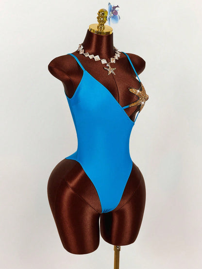Amplova Women's Starfish Bra Splice One-Piece Swimsuit, Sexy & Avant-Garde, Suitable For Beach Vacation, Blue Solid Color Monokini Spring Clothes Women