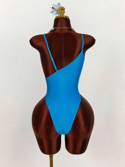 Amplova Women's Starfish Bra Splice One-Piece Swimsuit, Sexy & Avant-Garde, Suitable For Beach Vacation, Blue Solid Color Monokini Spring Clothes Women