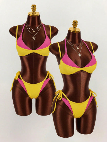 Amplova Women's Swimwear Set, 2 In 1, Magenta And Yellow Contrast Color, Sexy And Avant-Garde, Suitable For Beach Vacation Beach Vacation Outfits For Women