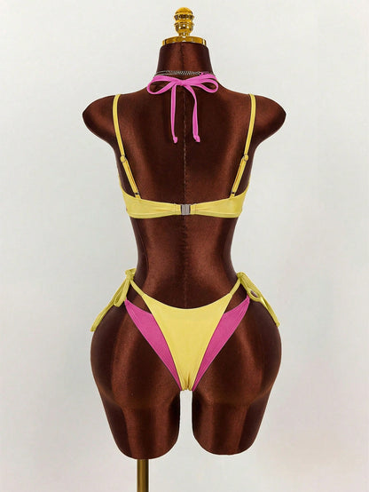 Amplova Women's Swimwear Set, 2 In 1, Magenta And Yellow Contrast Color, Sexy And Avant-Garde, Suitable For Beach Vacation Beach Vacation Outfits For Women