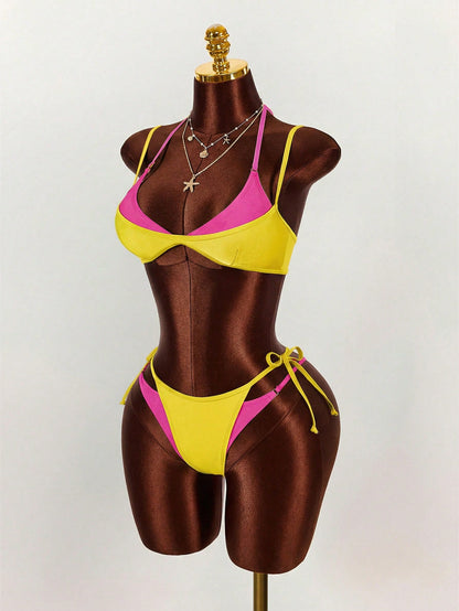 Amplova Women's Swimwear Set, 2 In 1, Magenta And Yellow Contrast Color, Sexy And Avant-Garde, Suitable For Beach Vacation Beach Vacation Outfits For Women