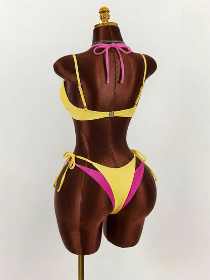 Amplova Women's Swimwear Set, 2 In 1, Magenta And Yellow Contrast Color, Sexy And Avant-Garde, Suitable For Beach Vacation Beach Vacation Outfits For Women