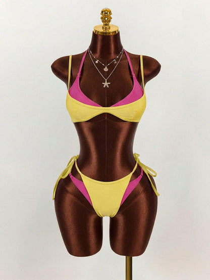 Amplova Women's Swimwear Set, 2 In 1, Magenta And Yellow Contrast Color, Sexy And Avant-Garde, Suitable For Beach Vacation Beach Vacation Outfits For Women