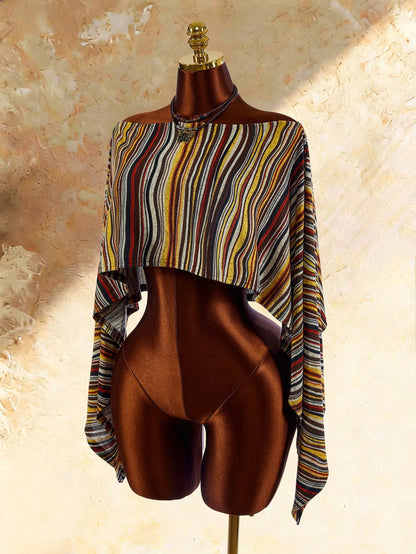 Amplova Women's Vintage Striped Asymmetric Neck Cover Up Sexy