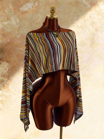 Amplova Women's Vintage Striped Asymmetric Neck Cover Up Sexy