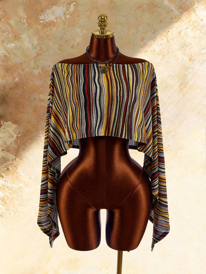 Amplova Women's Vintage Striped Asymmetric Neck Cover Up Sexy