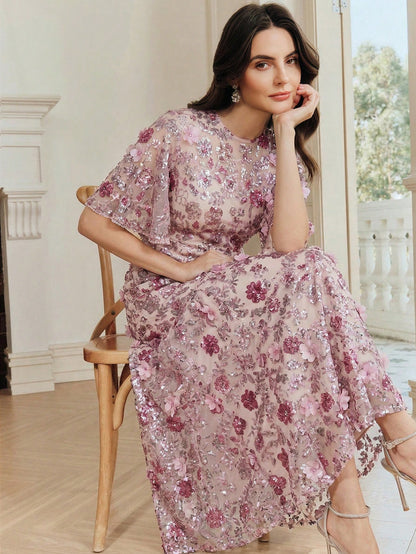 Anewsta Elegant Navy Blue Floral Mesh Ruffle Trim Sequin Embellished Short Sleeve Dress, Suitable For Party, Date, Resort Wear, Spring/Summer Outfits