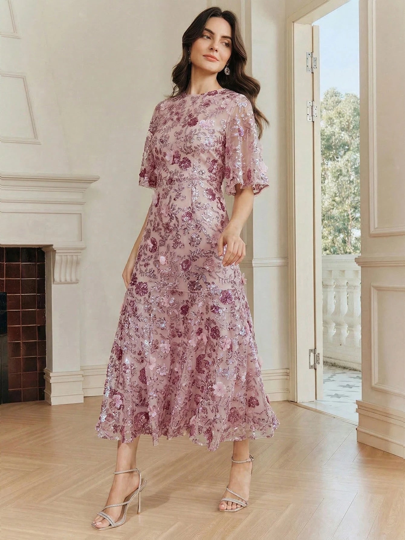 Anewsta Elegant Navy Blue Floral Mesh Ruffle Trim Sequin Embellished Short Sleeve Dress, Suitable For Party, Date, Resort Wear, Spring/Summer Outfits