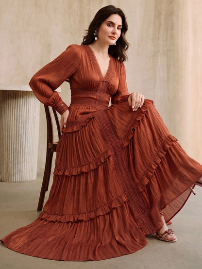 Anewsta New Romantic Ruffled Floral Splice V-Neck Petal Sleeve Dress, Vacation & Holiday Wear For Women, Summer