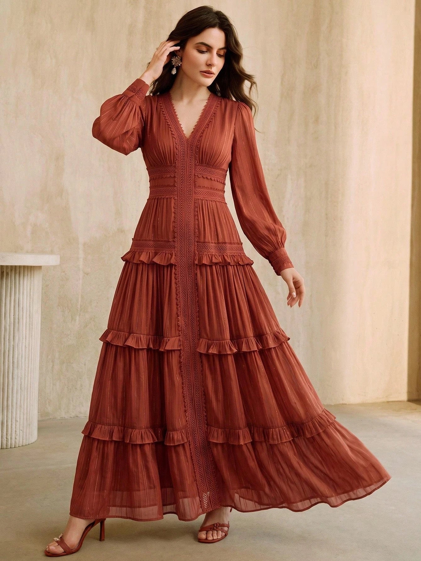 Anewsta New Romantic Ruffled Floral Splice V-Neck Petal Sleeve Dress, Vacation & Holiday Wear For Women, Summer