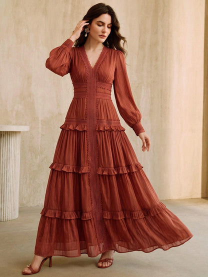 Anewsta New Romantic Ruffled Floral Splice V-Neck Petal Sleeve Dress, Vacation & Holiday Wear For Women, Summer