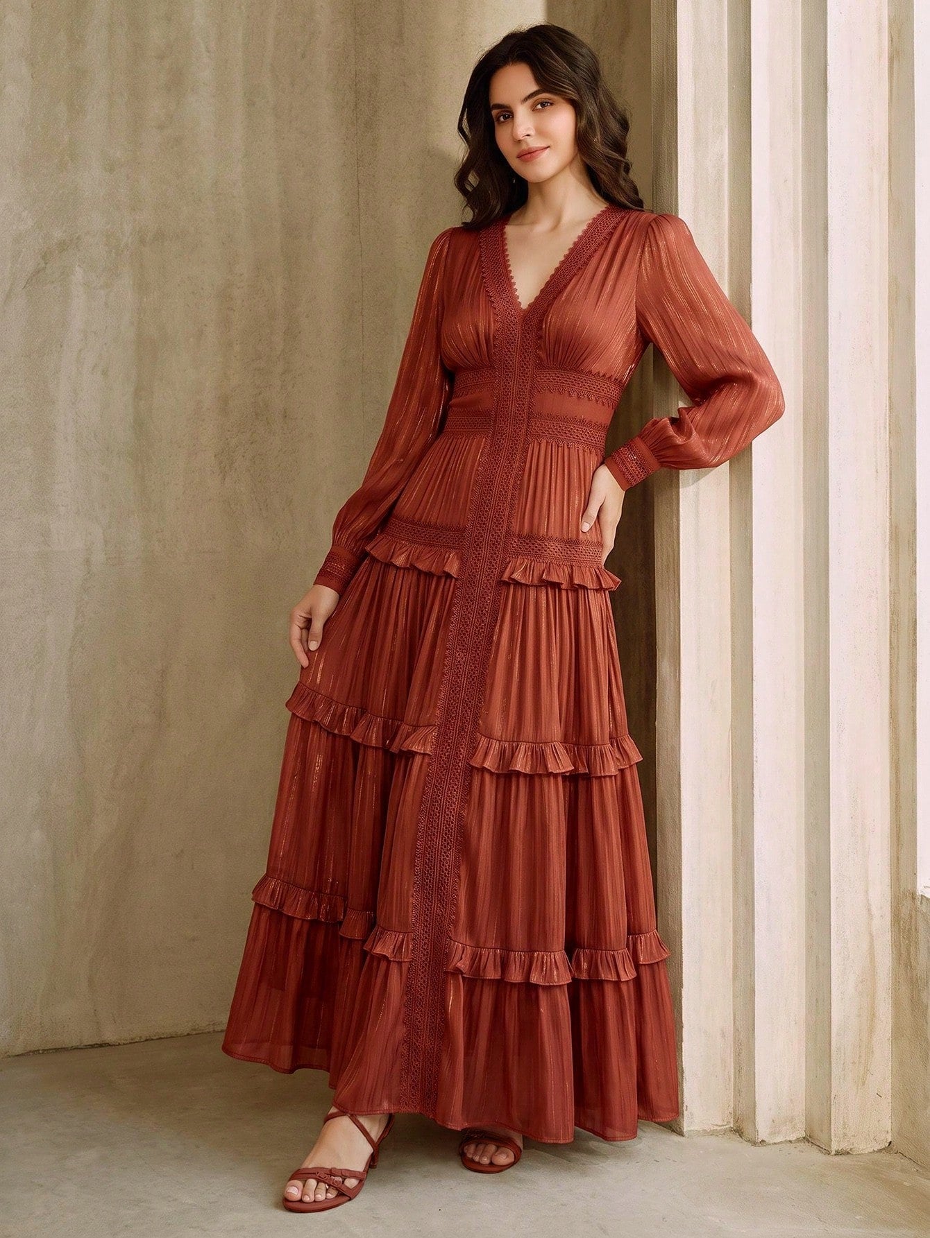 Anewsta New Romantic Ruffled Floral Splice V-Neck Petal Sleeve Dress, Vacation & Holiday Wear For Women, Summer
