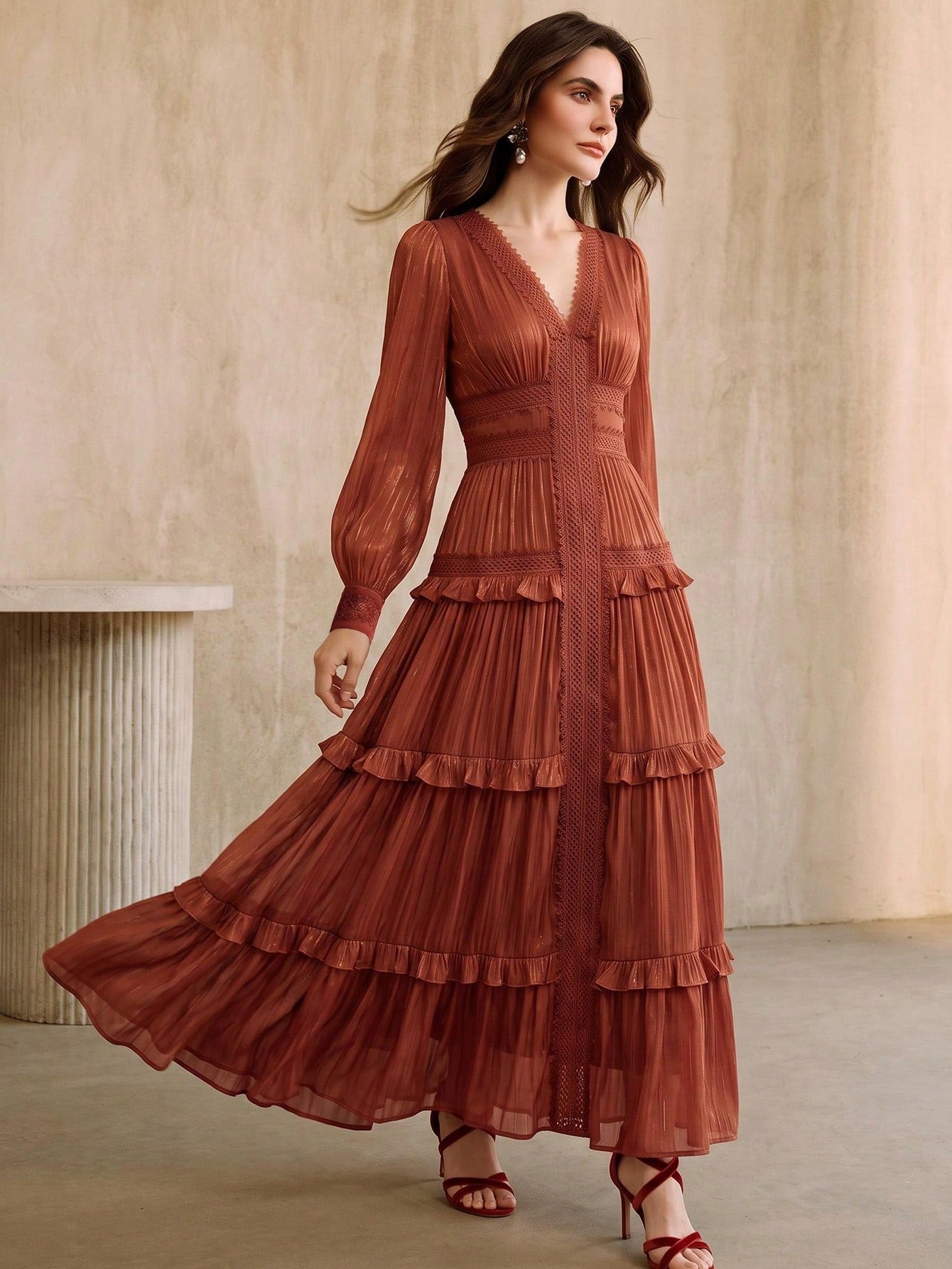 Anewsta New Romantic Ruffled Floral Splice V-Neck Petal Sleeve Dress, Vacation & Holiday Wear For Women, Summer