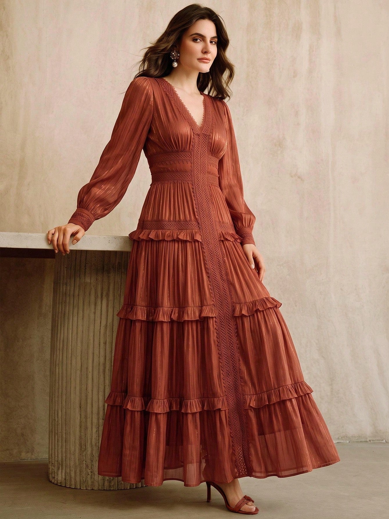 Anewsta New Romantic Ruffled Floral Splice V-Neck Petal Sleeve Dress, Vacation & Holiday Wear For Women, Summer