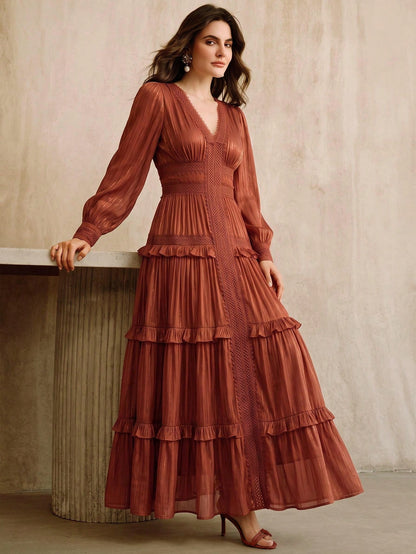 Anewsta New Romantic Ruffled Floral Splice V-Neck Petal Sleeve Dress, Vacation & Holiday Wear For Women, Summer