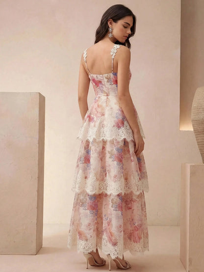 Anewsta Summer New Lace Strap V-Neck Romantic Floral Print Lace Trim Vacation Cake Tiered Maxi Dress For Travel, Gathering, Party, Pastoral Elegant Women's Dress