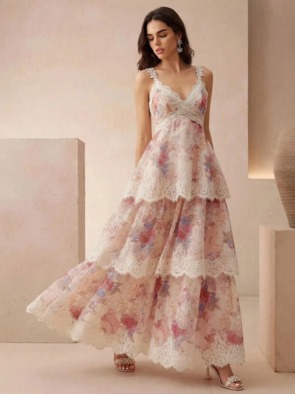 Anewsta Summer New Lace Strap V-Neck Romantic Floral Print Lace Trim Vacation Cake Tiered Maxi Dress For Travel, Gathering, Party, Pastoral Elegant Women's Dress