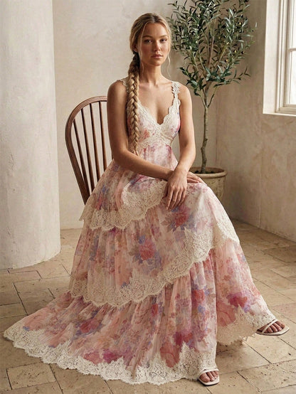 Anewsta Summer New Lace Strap V-Neck Romantic Floral Print Lace Trim Vacation Cake Tiered Maxi Dress For Travel, Gathering, Party, Pastoral Elegant Women's Dress