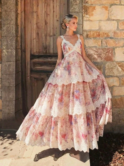 Anewsta Summer New Lace Strap V-Neck Romantic Floral Print Lace Trim Vacation Cake Tiered Maxi Dress For Travel, Gathering, Party, Pastoral Elegant Women's Dress