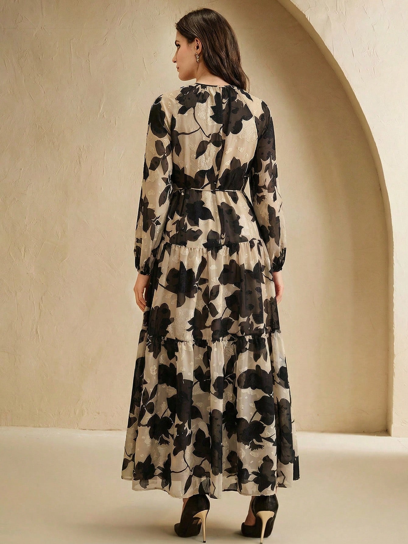 Anewsta Women's Chiffon Apricot Base Black Floral Print Tie Collar Cinched Waist Lantern Sleeve Elegant Comfortable Dress