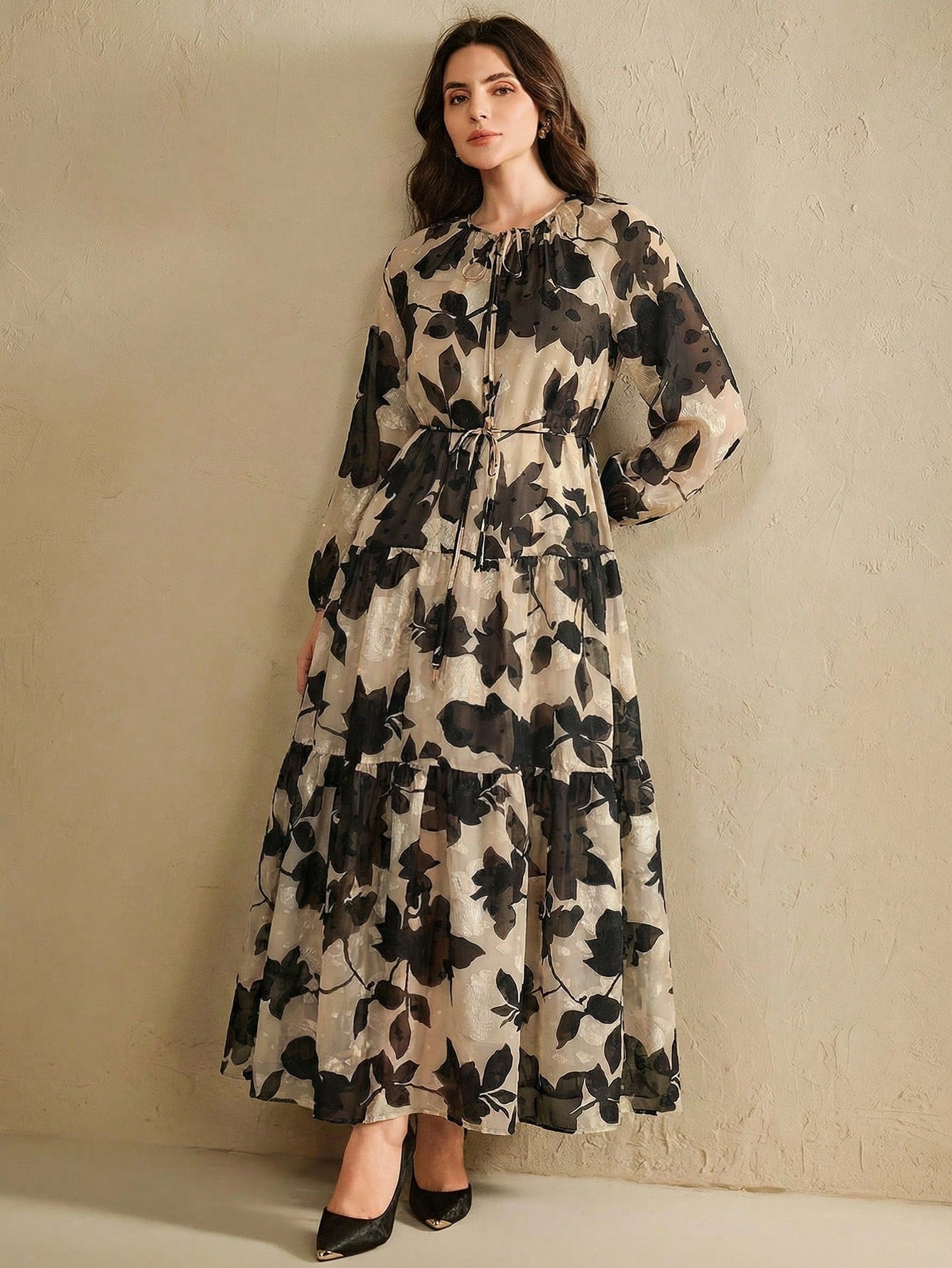 Anewsta Women's Chiffon Apricot Base Black Floral Print Tie Collar Cinched Waist Lantern Sleeve Elegant Comfortable Dress