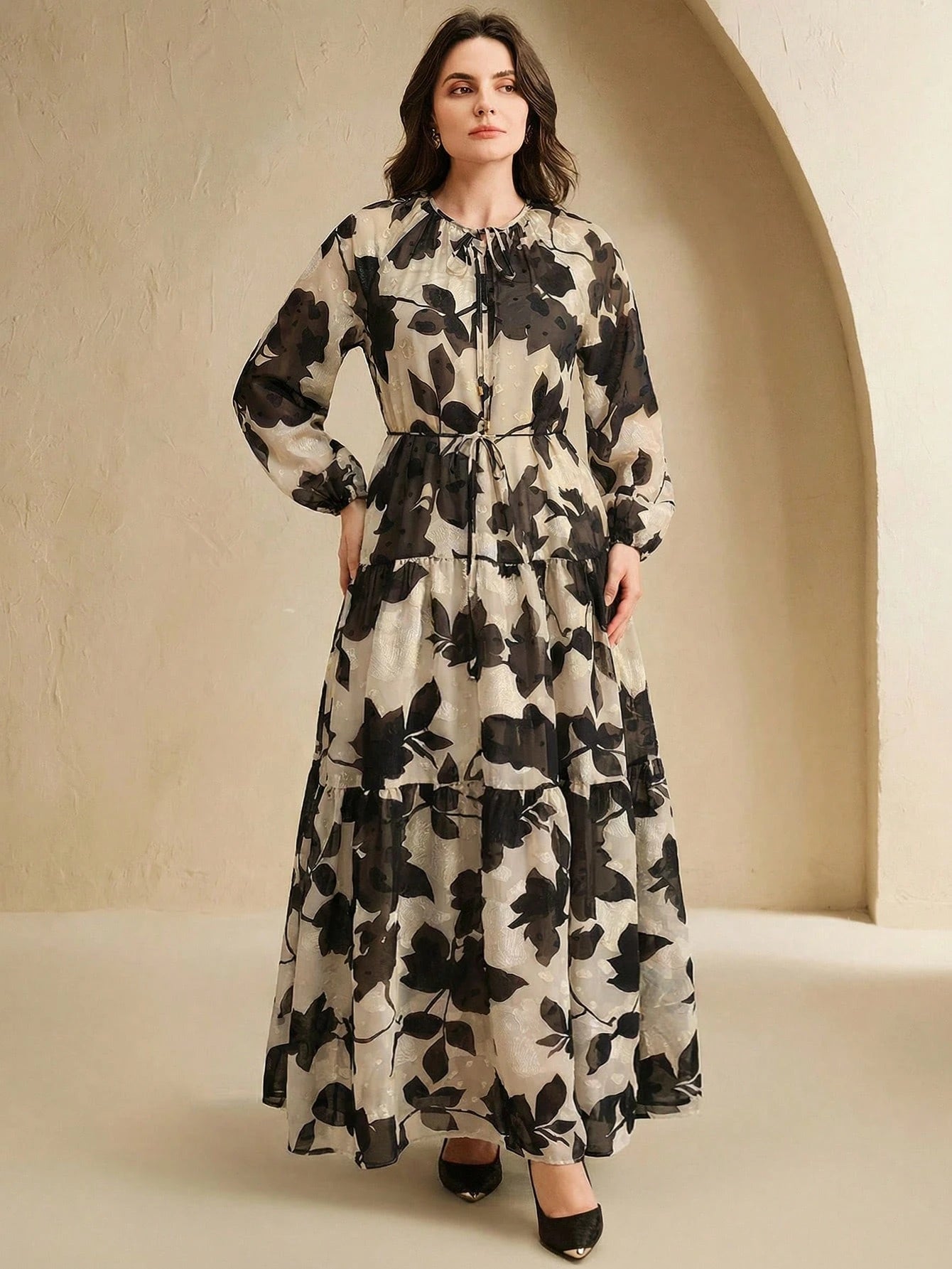 Anewsta Women's Chiffon Apricot Base Black Floral Print Tie Collar Cinched Waist Lantern Sleeve Elegant Comfortable Dress