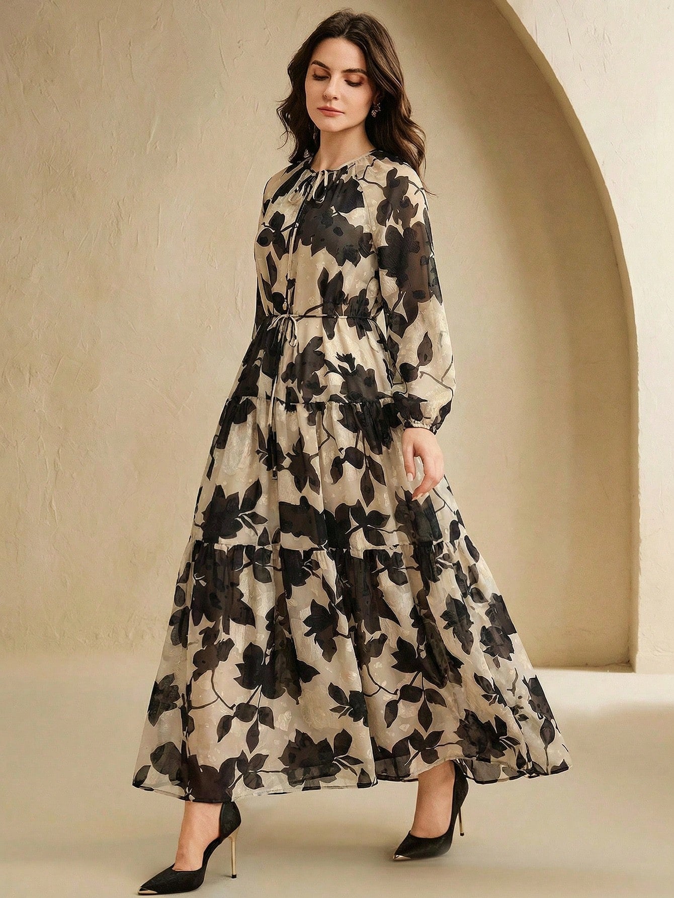 Anewsta Women's Chiffon Apricot Base Black Floral Print Tie Collar Cinched Waist Lantern Sleeve Elegant Comfortable Dress