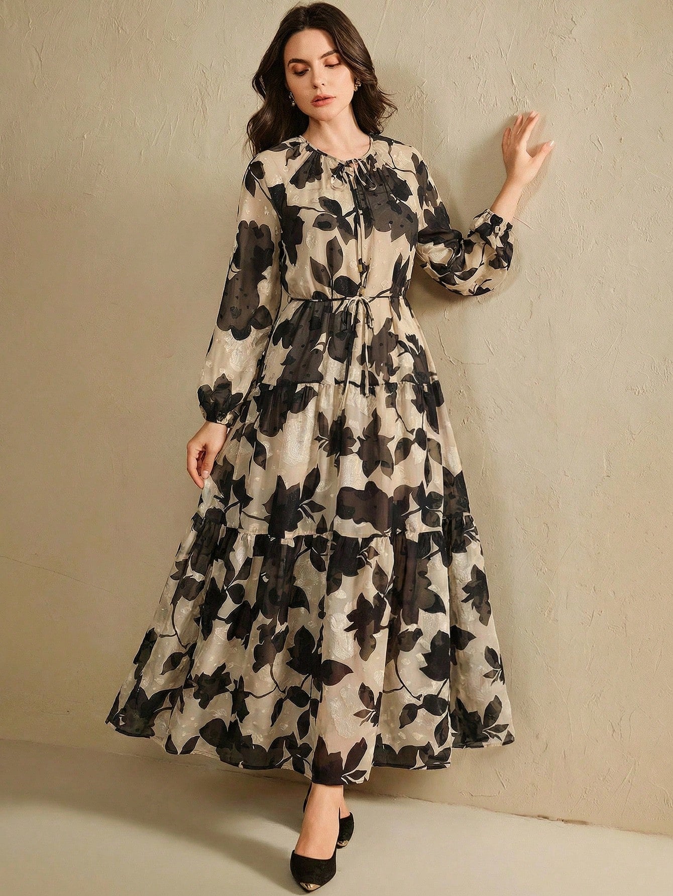 Anewsta Women's Chiffon Apricot Base Black Floral Print Tie Collar Cinched Waist Lantern Sleeve Elegant Comfortable Dress