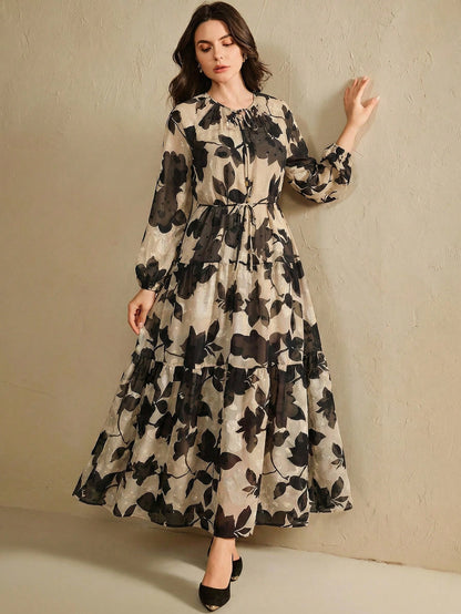 Anewsta Women's Chiffon Apricot Base Black Floral Print Tie Collar Cinched Waist Lantern Sleeve Elegant Comfortable Dress