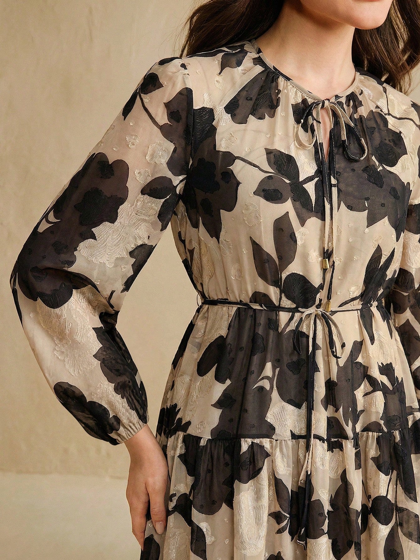 Anewsta Women's Chiffon Apricot Base Black Floral Print Tie Collar Cinched Waist Lantern Sleeve Elegant Comfortable Dress