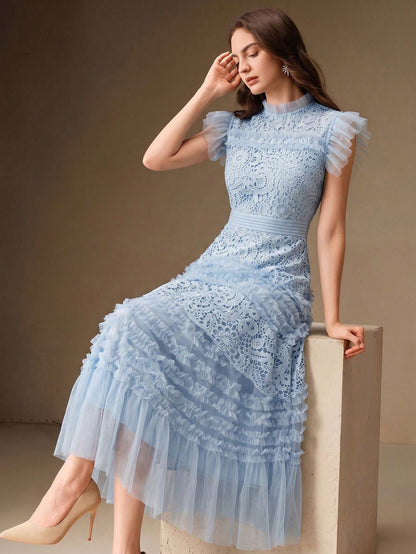 Anewsta Women's Elegant Hollow Embroidered Waist Flared Ruffle Hem Short Sleeve Dress, Suitable For Formal, Party, Chic, Work, Graduation, Wedding, Red Carpet