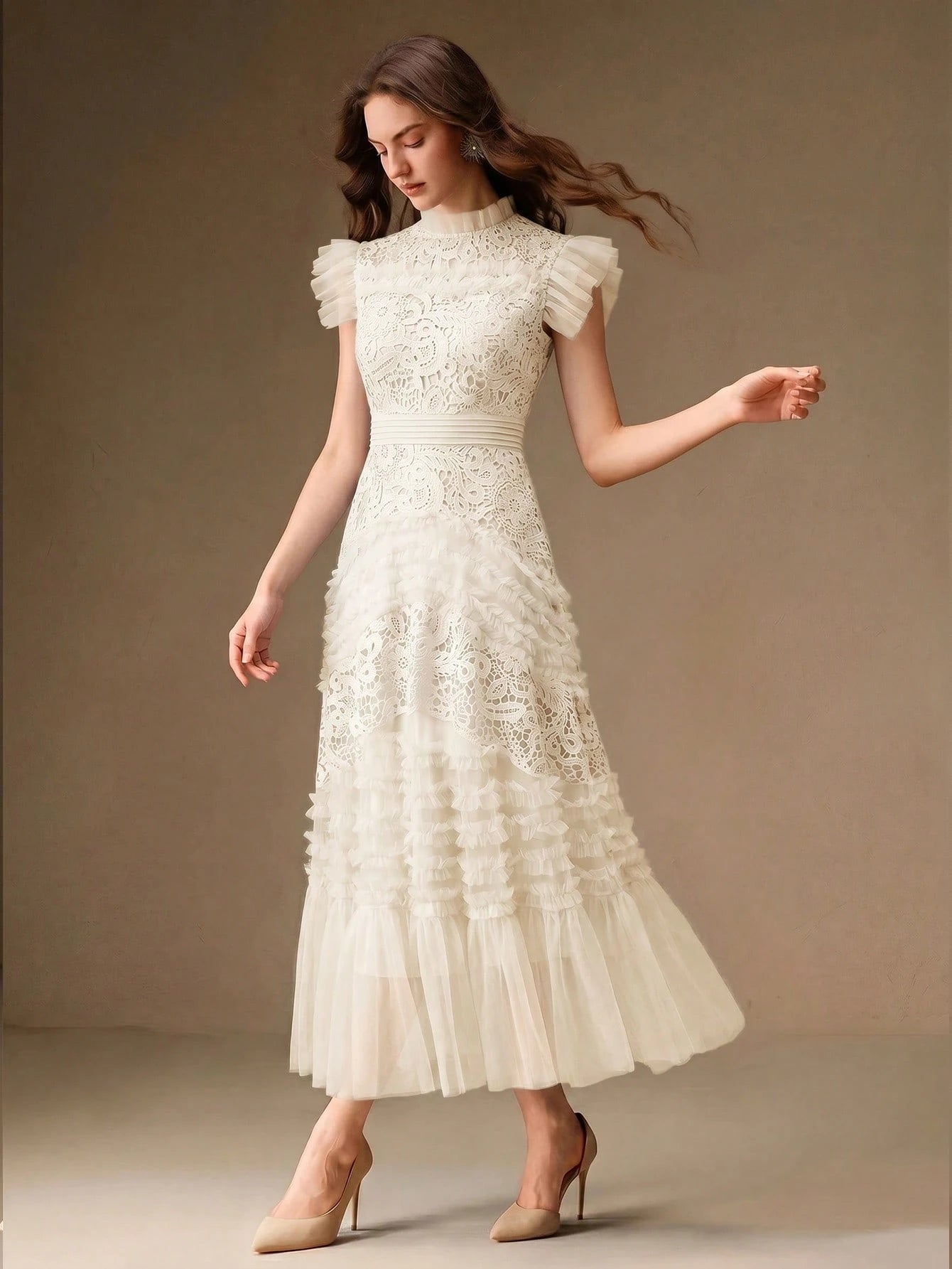 Anewsta Women's Elegant Hollow Embroidered Waist Flared Ruffle Hem Short Sleeve Dress, Suitable For Formal, Party, Chic, Work, Graduation, Wedding, Red Carpet