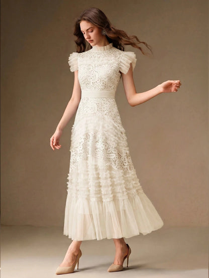 Anewsta Women's Elegant Hollow Embroidered Waist Flared Ruffle Hem Short Sleeve Dress, Suitable For Formal, Party, Chic, Work, Graduation, Wedding, Red Carpet