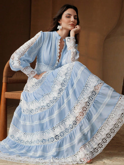 Anewsta Women's Elegant Lace Patchwork Maxi Dress, French Vintage Style, Suitable For Spring, Festival, Holiday