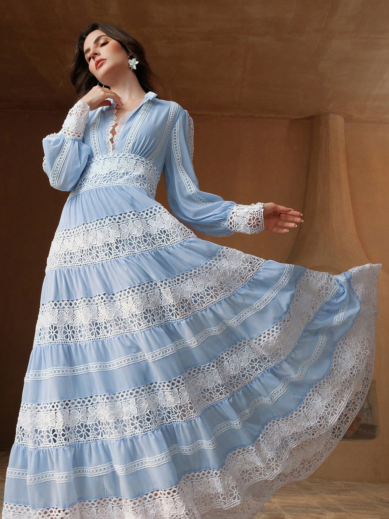 Anewsta Women's Elegant Lace Patchwork Maxi Dress, French Vintage Style, Suitable For Spring, Festival, Holiday