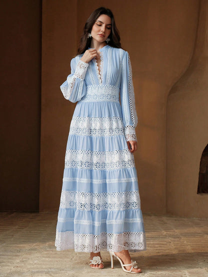 Anewsta Women's Elegant Lace Patchwork Maxi Dress, French Vintage Style, Suitable For Spring, Festival, Holiday