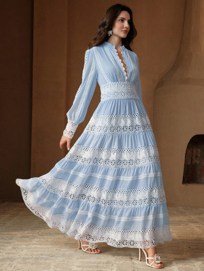 Anewsta Women's Elegant Lace Patchwork Maxi Dress, French Vintage Style, Suitable For Spring, Festival, Holiday