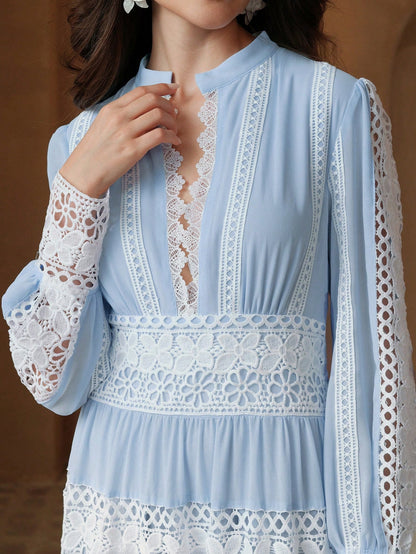 Anewsta Women's Elegant Lace Patchwork Maxi Dress, French Vintage Style, Suitable For Spring, Festival, Holiday